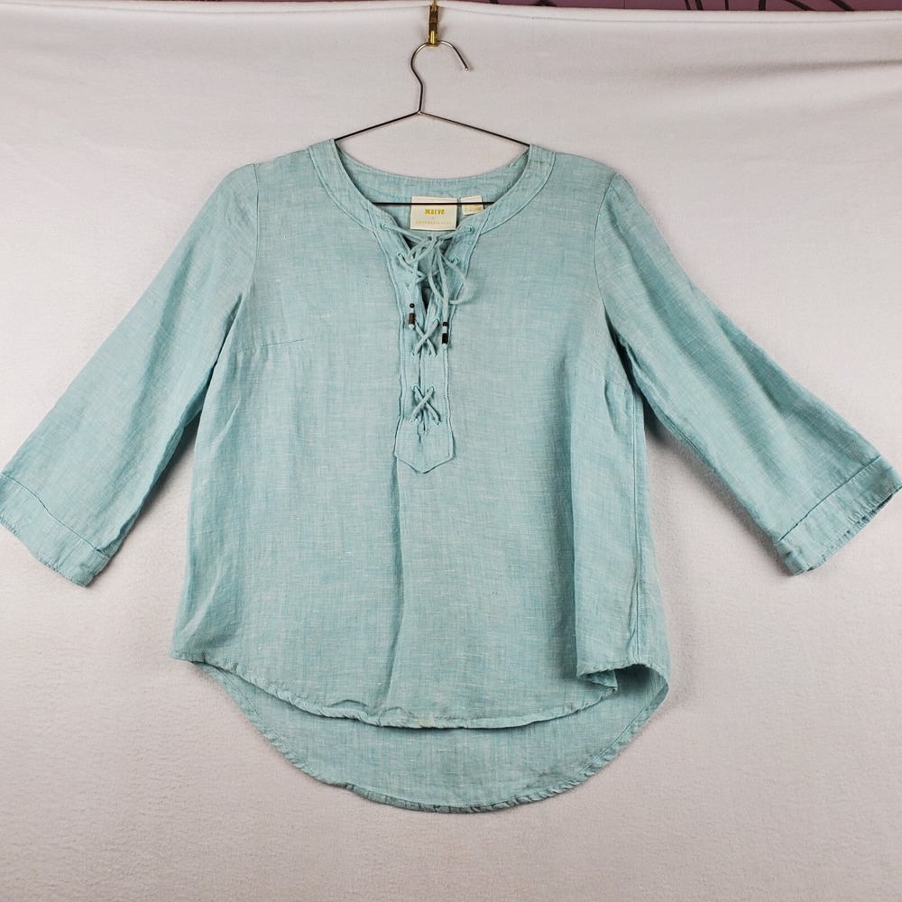 Maeve By Anthropologie Blouse Women's‎ 2 Aqua 100% Linen Lace Up Roll Tab Sleeve